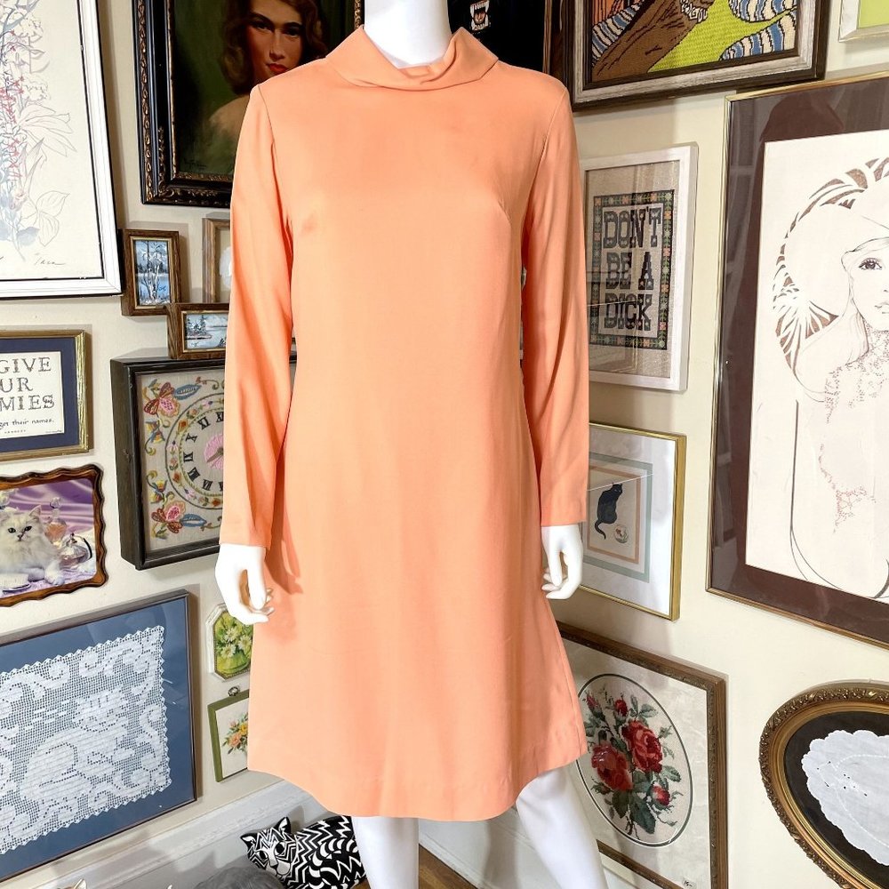 70s Vintage Deadstock Lori Jean Sherbet Orange Long Sleeve Sheath Dress Size 12